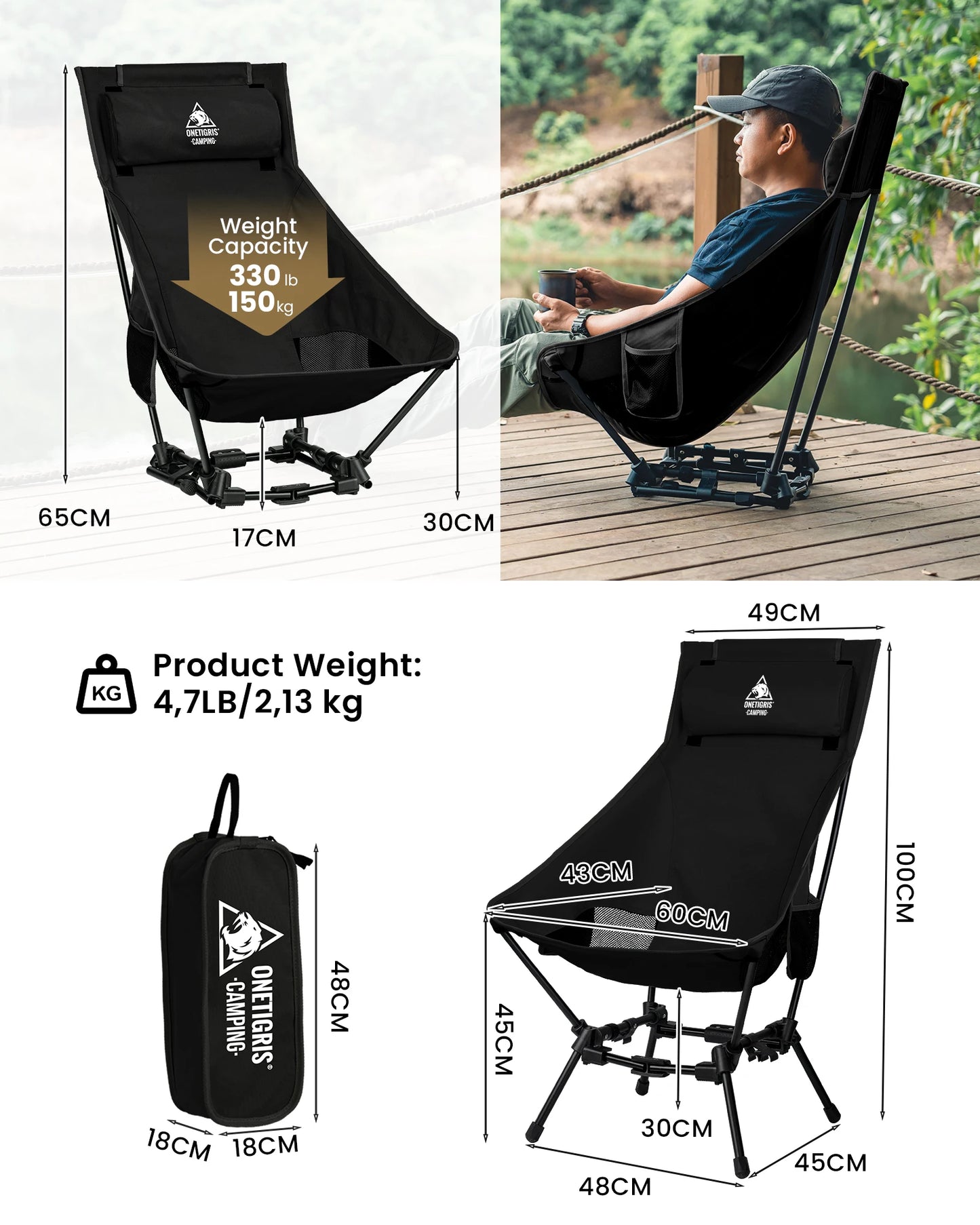 OneTigris Portable Camping Chairs Outdoor High Back Chair For Fishing Trekking BBQ Parties Gardening Indoor Use