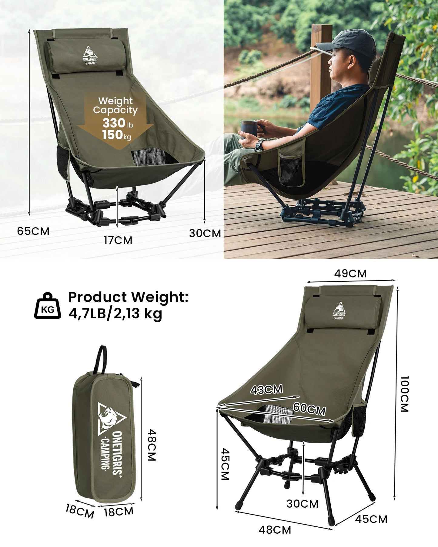 OneTigris Portable Camping Chairs Outdoor High Back Chair For Fishing Trekking BBQ Parties Gardening Indoor Use