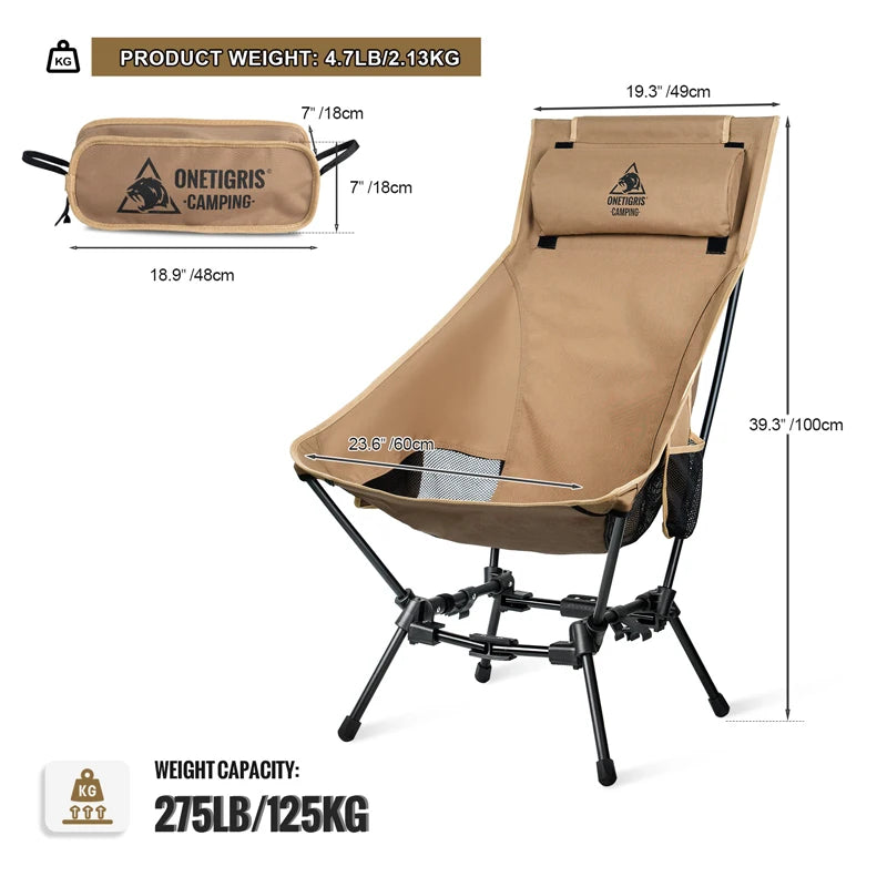 OneTigris Portable Camping Chairs Outdoor High Back Chair For Fishing Trekking BBQ Parties Gardening Indoor Use