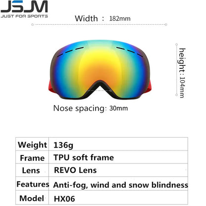 JSJM New Ski Goggles Men Women Double Layers Anti-Fog Big Ski  UV400 Glasses Protection Skiing Winter Snow Snowboard Goggles