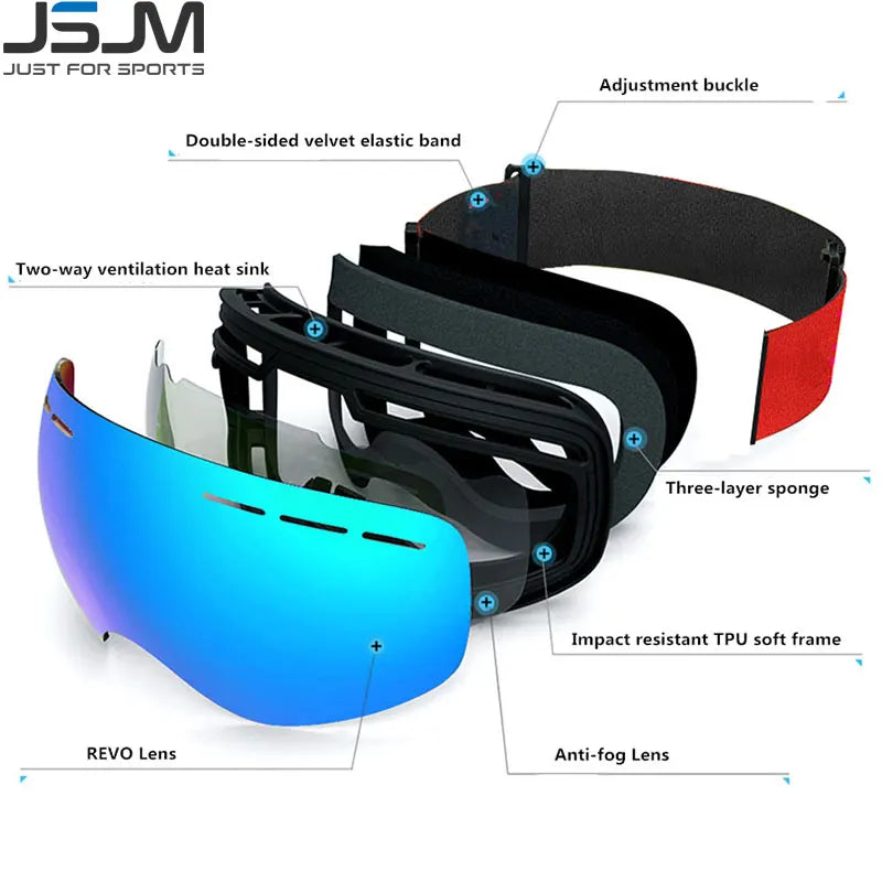 JSJM New Ski Goggles Men Women Double Layers Anti-Fog Big Ski  UV400 Glasses Protection Skiing Winter Snow Snowboard Goggles