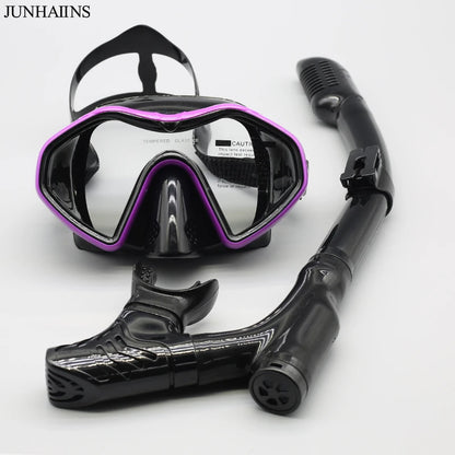 Junhaiins Snorkeling Set Anti-Fog Silicone Tempered Glass Diving Mask, Adult Goggles Leak-Proof Snorkeling Mask for Man