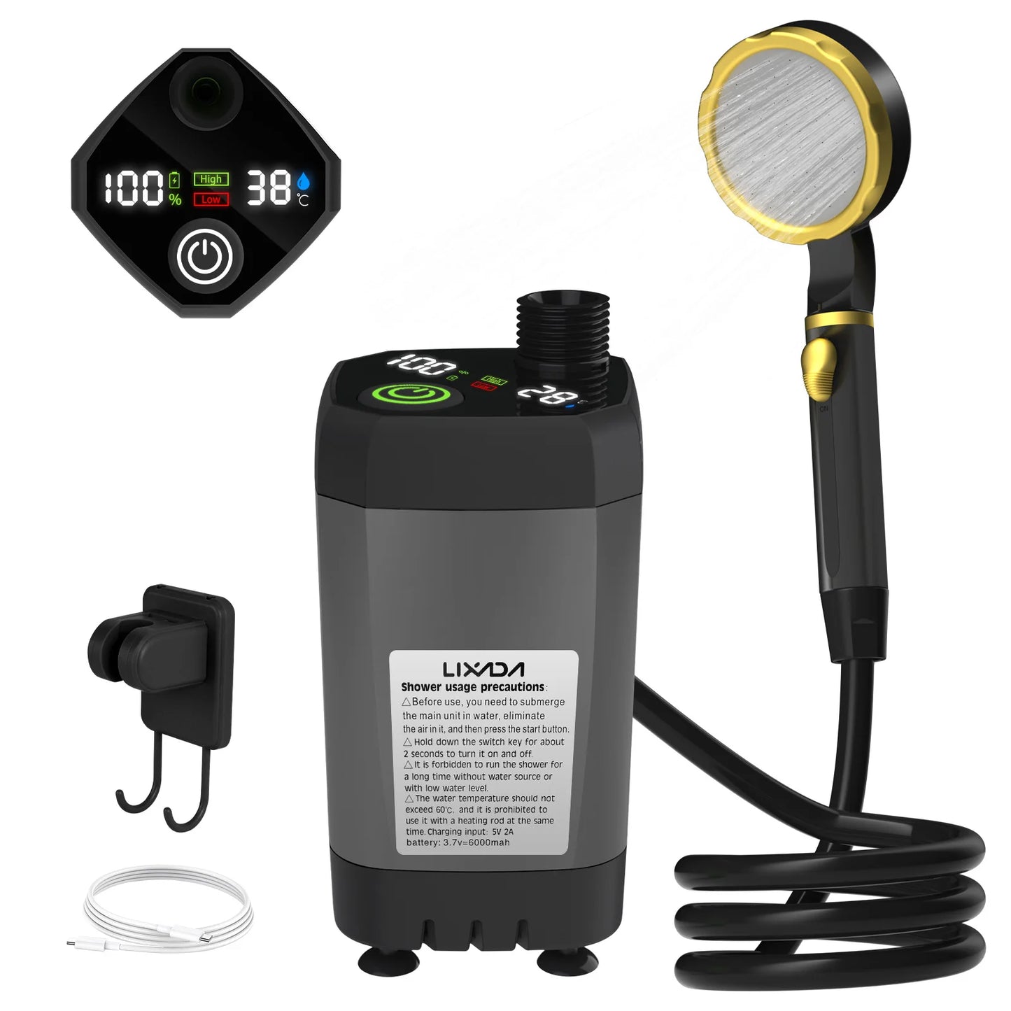 Camping Shower Pump RV Outdoor Shower Kit Camp Shower w/Full Screen Intelligent Digital Display Adjustable 6000mAh Shower Kit