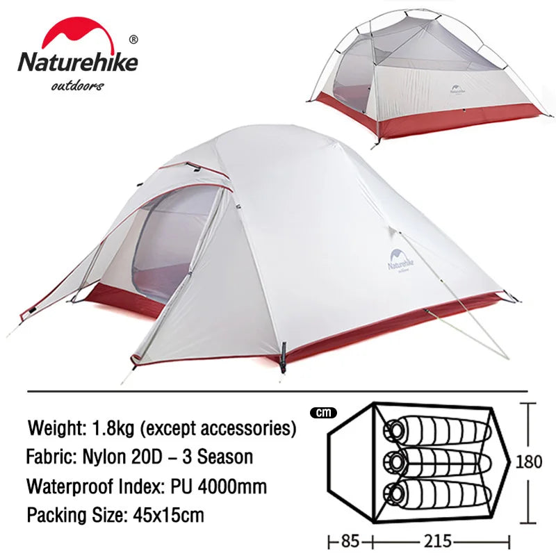 Naturehike Cloud Up 1 2 3 Tent Ultralight 20D Camping Tent Waterproof Outdoor Hiking Travel Cycling Tent Sun Shelter 1-3 People