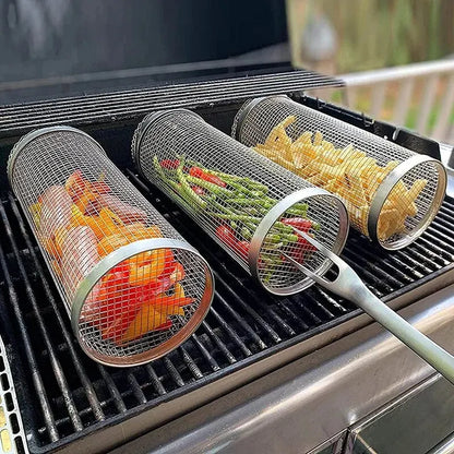 BBQ Basket Stainless Steel Rolling Grilling Basket Wire Mesh Cylinder Grill Basket Portable Round Outdoor Camping Barbecue Rack