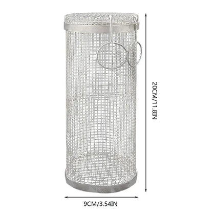 BBQ Basket Stainless Steel Rolling Grilling Basket Wire Mesh Cylinder Grill Basket Portable Round Outdoor Camping Barbecue Rack