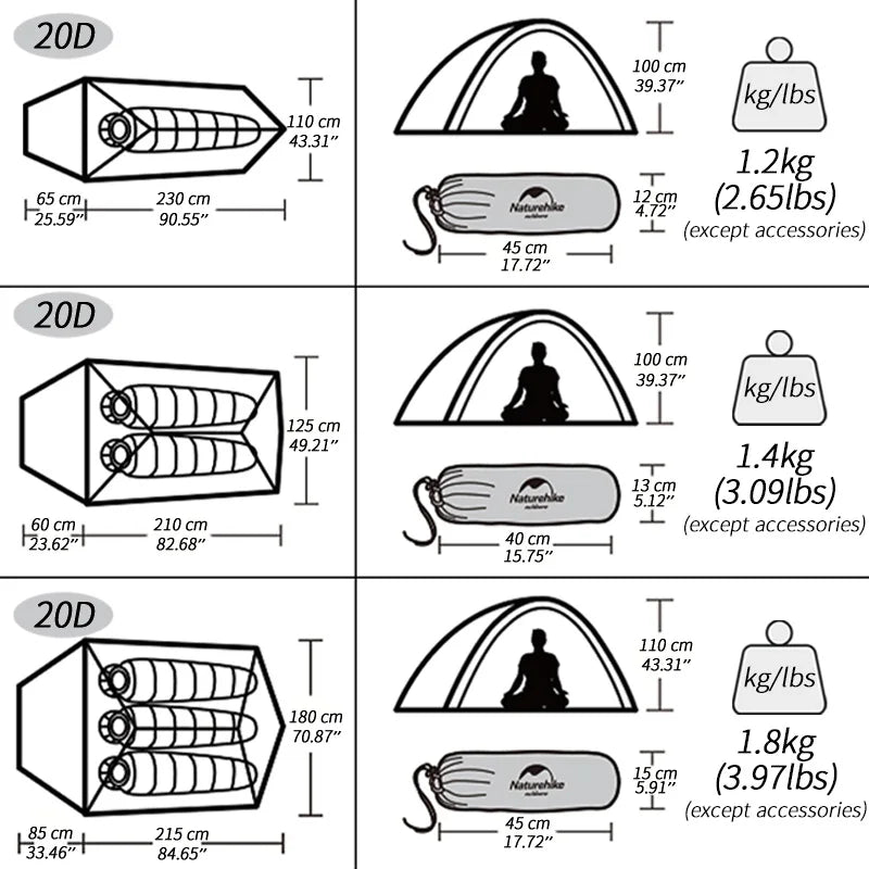 Naturehike Cloud Up 1 2 3 Tent Ultralight 20D Camping Tent Waterproof Outdoor Hiking Travel Cycling Tent Sun Shelter 1-3 People