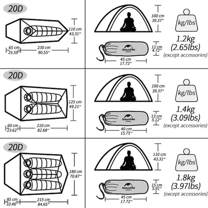 Naturehike Cloud Up 1 2 3 Tent Ultralight 20D Camping Tent Waterproof Outdoor Hiking Travel Cycling Tent Sun Shelter 1-3 People